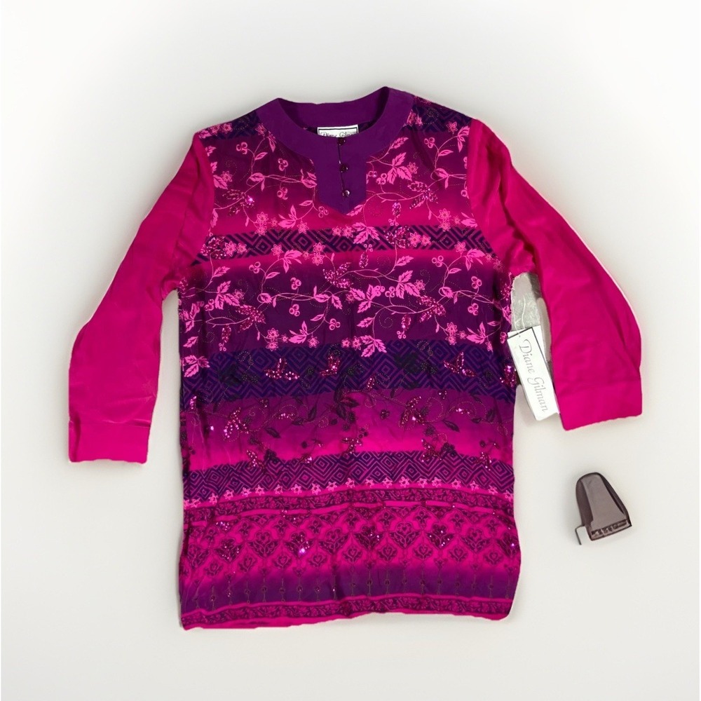 Diane Gilman Tunic Top Womens Medium Pink Purple Floral Silk Sequin‎ Henley NEW